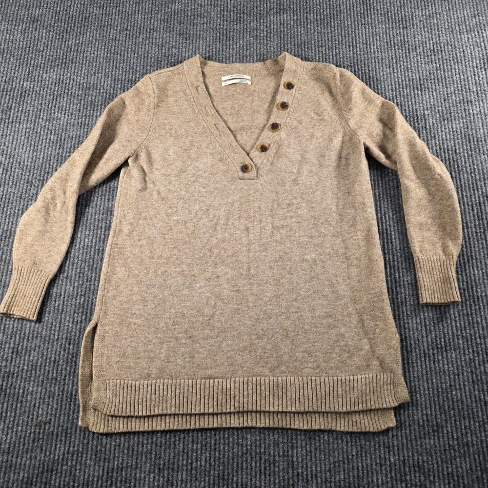 Anthropologie Womens XS Tan Henley V-Neck Tunic Sweater Side Slit Heathered Knit
